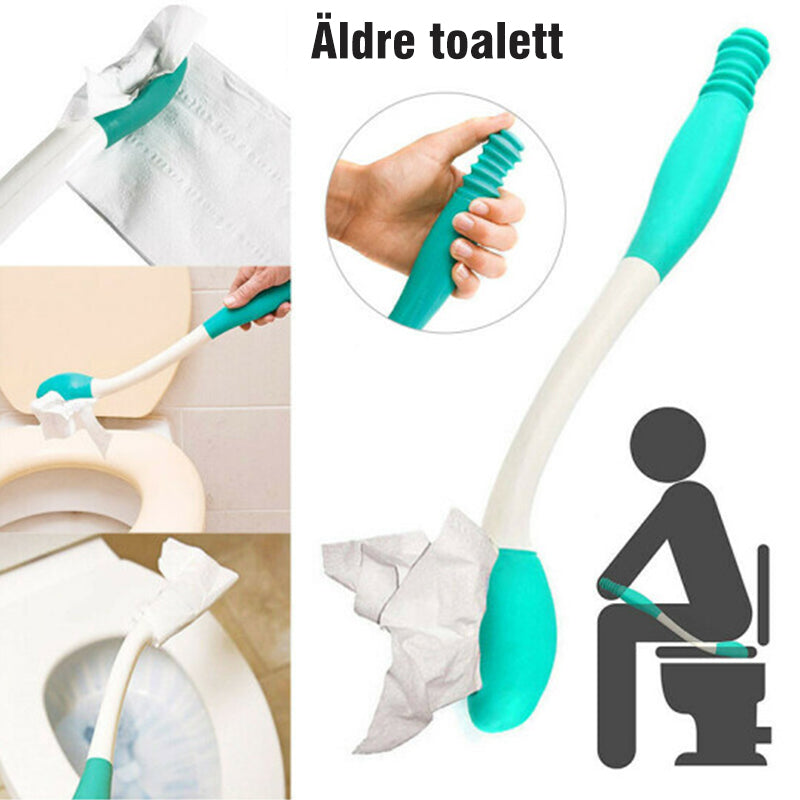 Ergonomiskt toalettpappersverktyg i plast med gummitygnd, för lättare hygien vid begränsad rörlighet, sett på vit bakgrund.