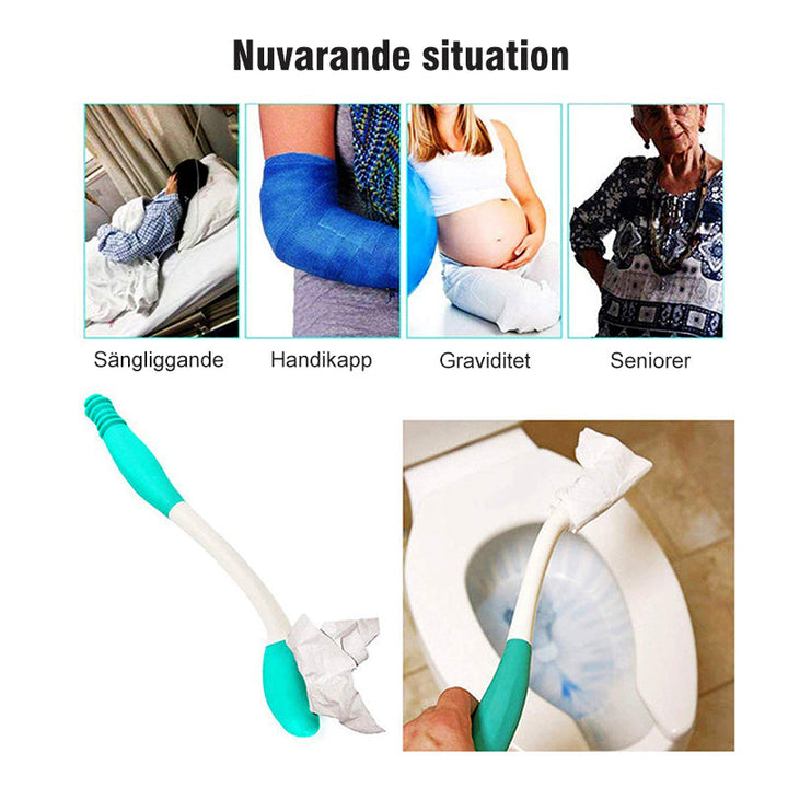 Ergonomiskt toalettpappersverktyg i plast med gummitygnd, för lättare hygien vid begränsad rörlighet, sett på vit bakgrund.