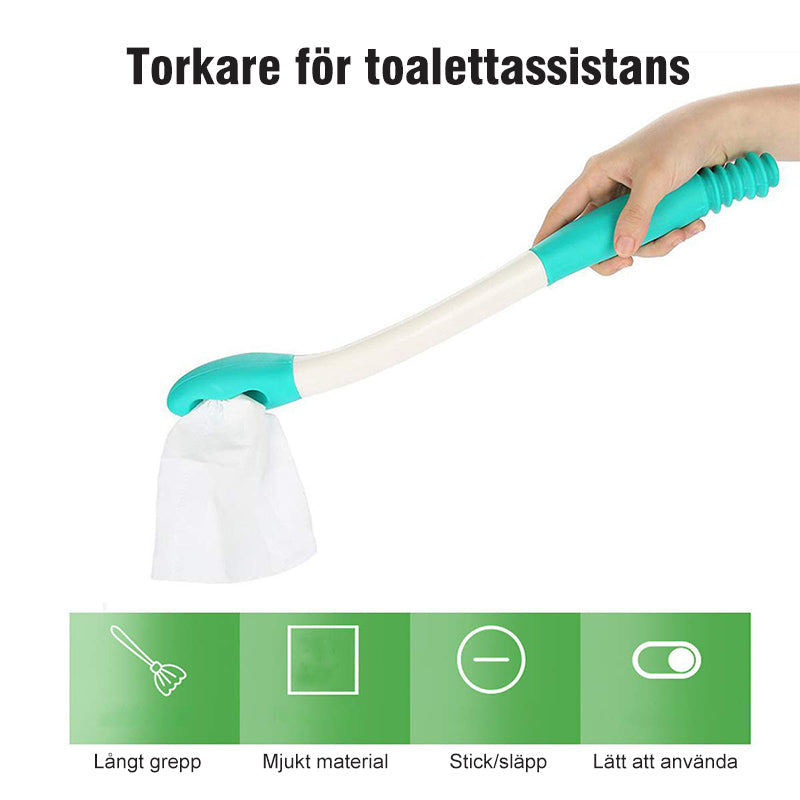 Ergonomiskt toalettpappersverktyg i plast med gummitygnd, för lättare hygien vid begränsad rörlighet, sett på vit bakgrund.