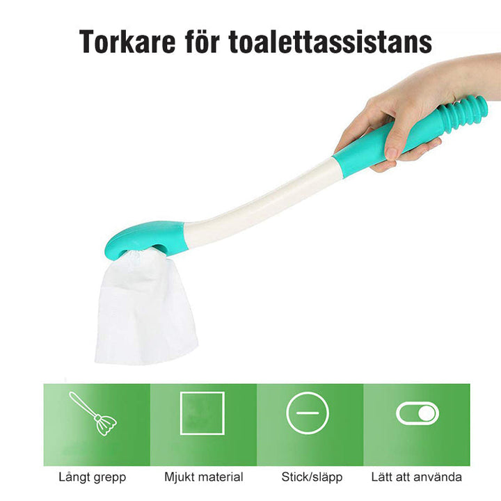 Ergonomiskt toalettpappersverktyg i plast med gummitygnd, för lättare hygien vid begränsad rörlighet, sett på vit bakgrund.