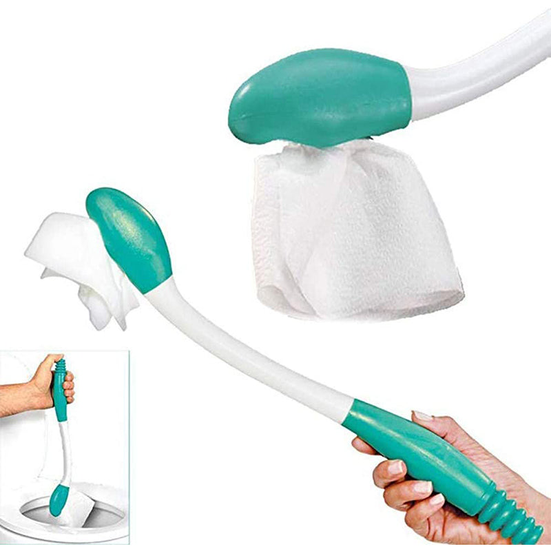 Ergonomiskt toalettpappersverktyg i plast med gummitygnd, för lättare hygien vid begränsad rörlighet, sett på vit bakgrund.