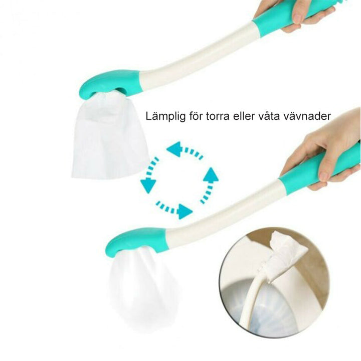 Ergonomiskt toalettpappersverktyg i plast med gummitygnd, för lättare hygien vid begränsad rörlighet, sett på vit bakgrund.