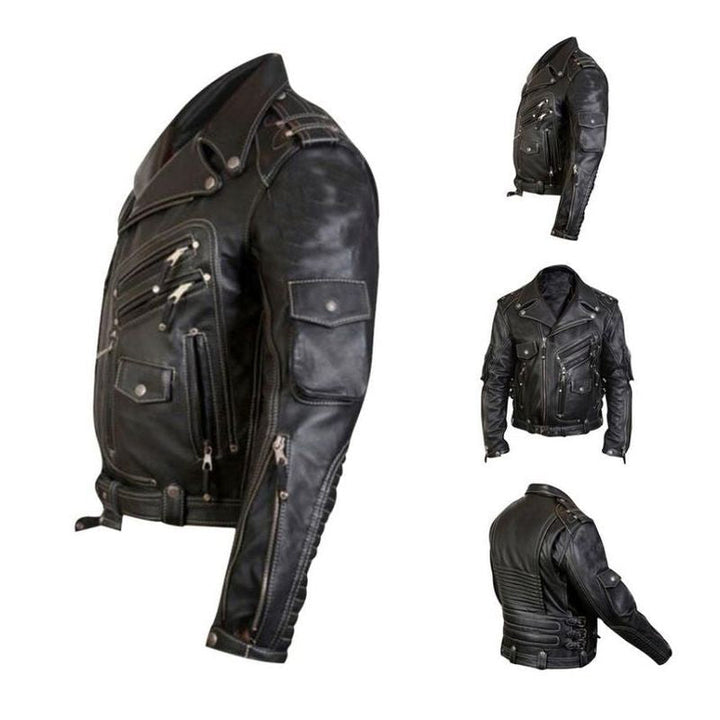 "Exklusiv herr vintage PU-skinnjacka framifrån, med lappkrage och modern stil. Perfekt för modeentusiaster."