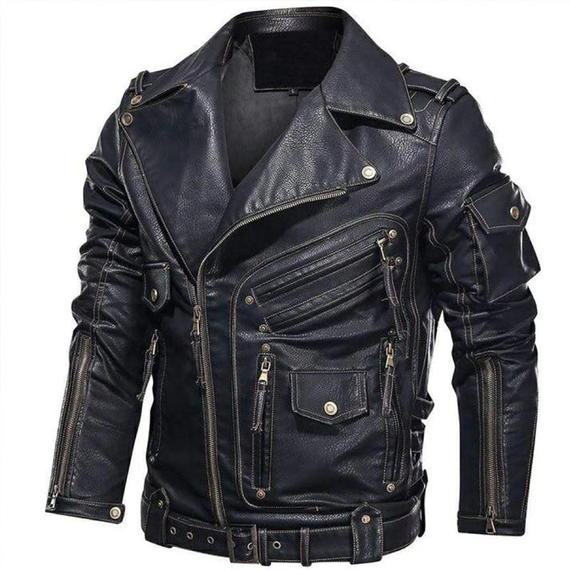 "Exklusiv herr vintage PU-skinnjacka framifrån, med lappkrage och modern stil. Perfekt för modeentusiaster."