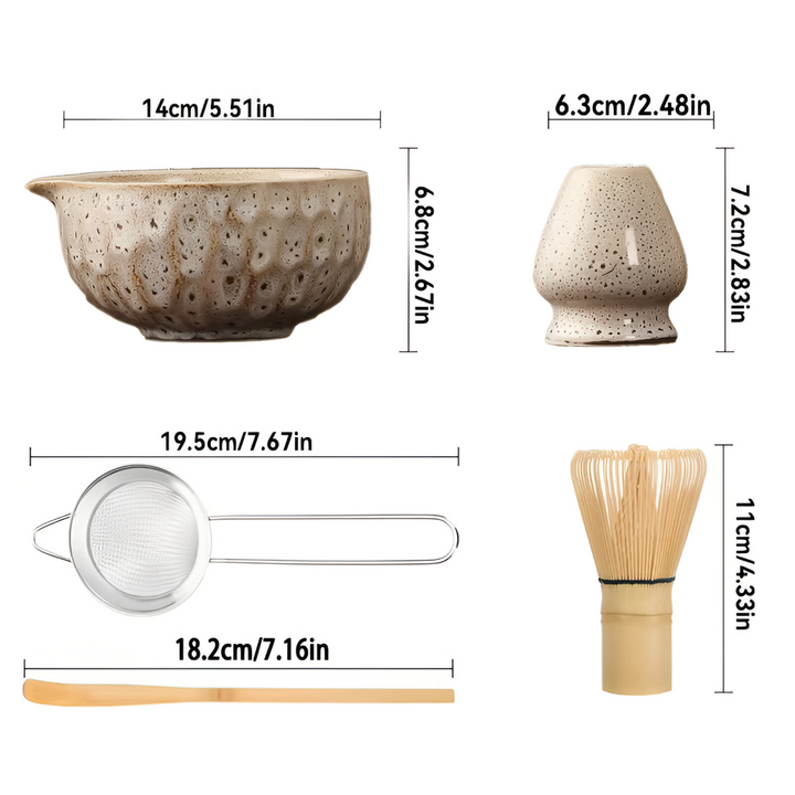 Komplett japanskt matcha teset med handgjord skål och bambuvisp, för den ultimata teupplevelsen hemma.