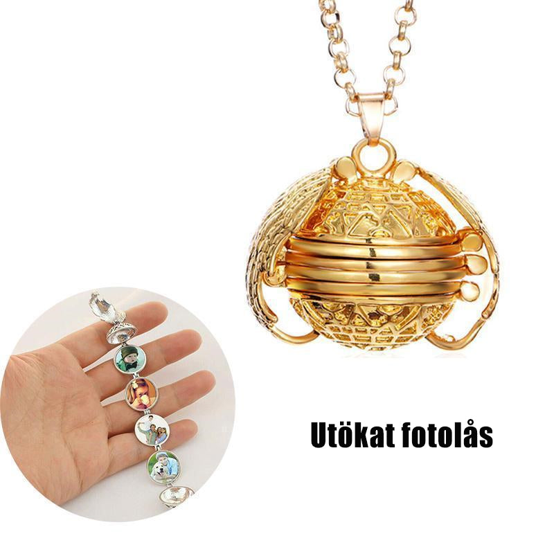 "Expanderande fotolås i metall med elegant design, justerbar kedja och plats för 4 foton, i antiksilver, guld, roséguld."
