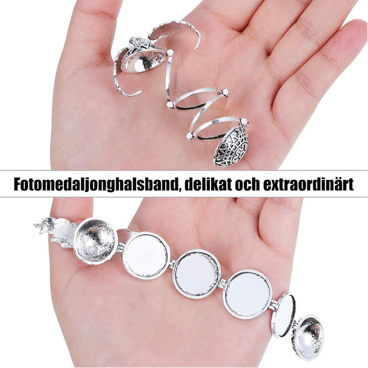"Expanderande fotolås i metall med elegant design, justerbar kedja och plats för 4 foton, i antiksilver, guld, roséguld."