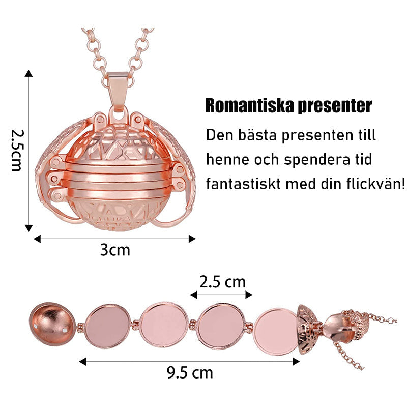 "Expanderande fotolås i metall med elegant design, justerbar kedja och plats för 4 foton, i antiksilver, guld, roséguld."