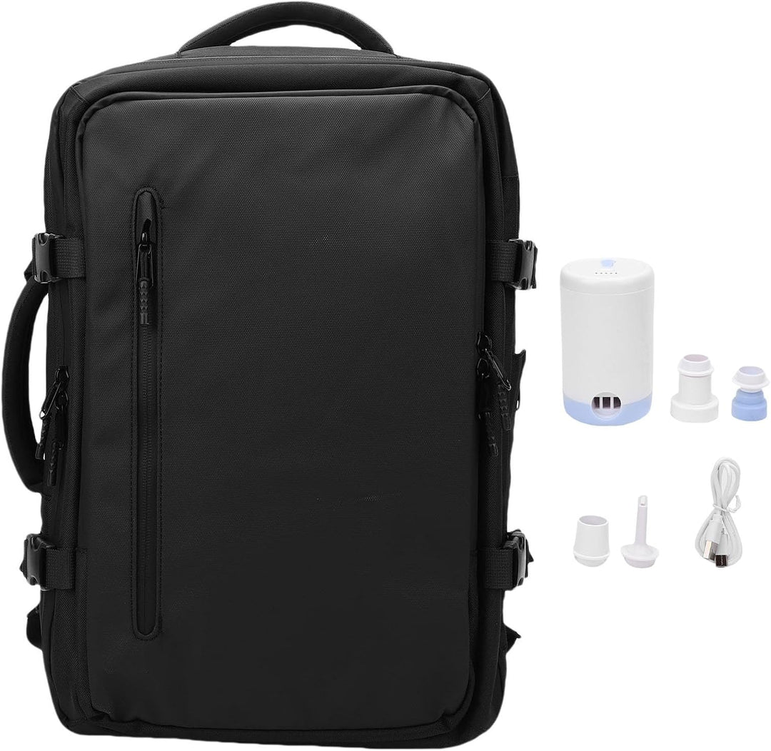 Expanderbar reseryggsäck 56–75L med inbyggd vakuumpump. Perfekt för organiserad packning och resor.