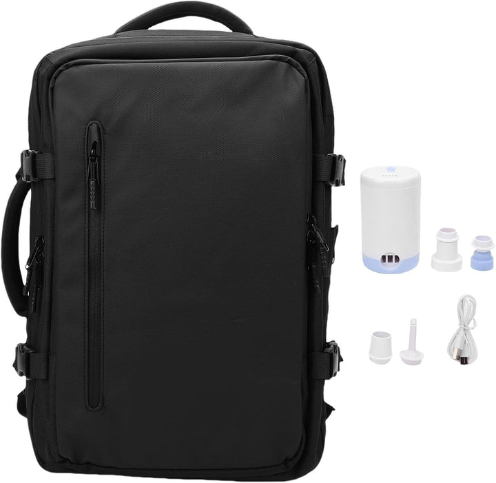 Expanderbar reseryggsäck 56–75L med inbyggd vakuumpump. Perfekt för organiserad packning och resor.