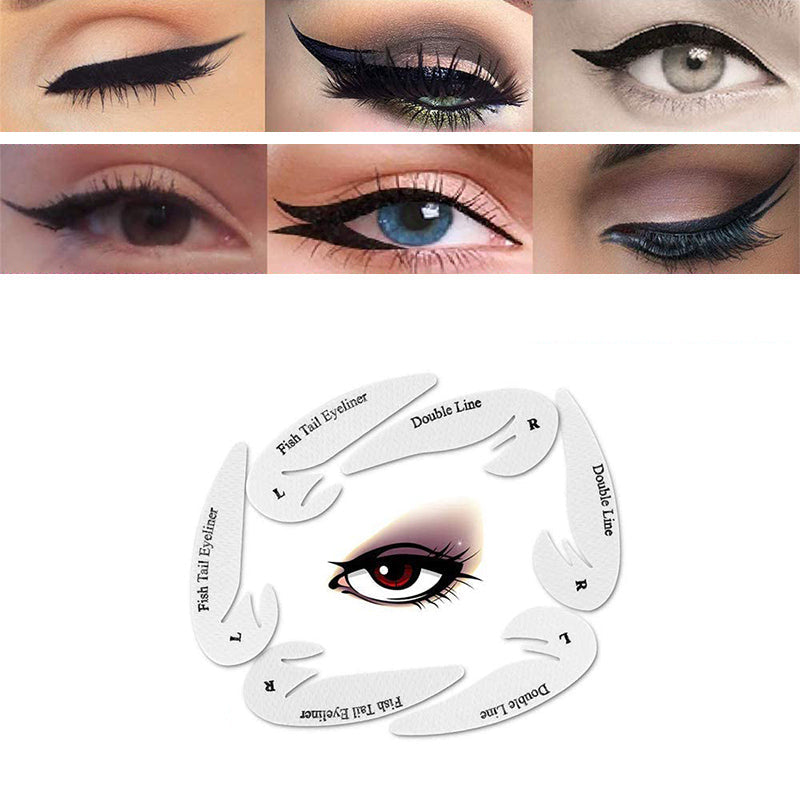 "Eyeliner och ögonskuggstenciler, fyra mallar på vit bakgrund för sminkstilar. Passar alla ögonformer."