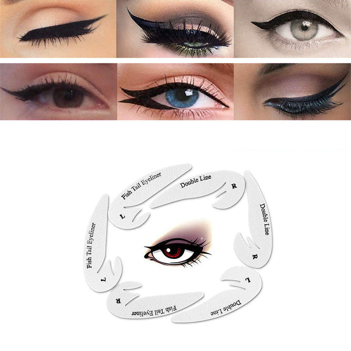 "Eyeliner och ögonskuggstenciler, fyra mallar på vit bakgrund för sminkstilar. Passar alla ögonformer."