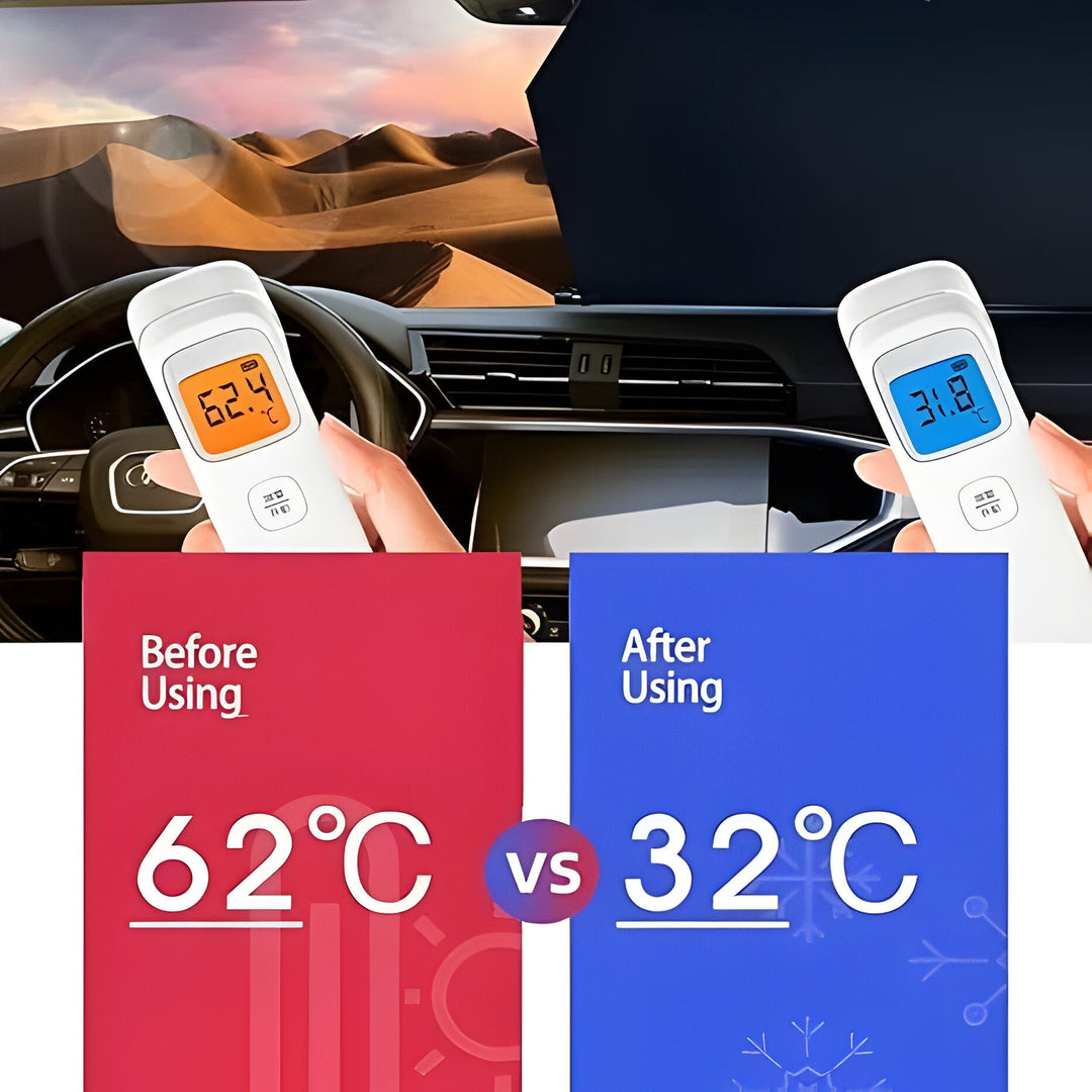 Automatiskt bilsolskydd för sommar, ger svalka och UV-skydd i bilen. Fällbar konstruktion för vindruta.