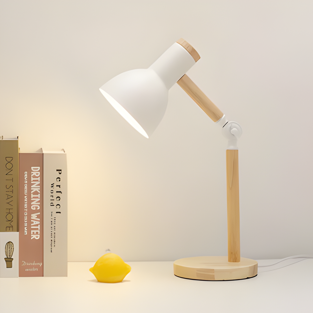 Färgglad Macaron LED-bordslampa i trä, justerbar modern design för skrivbordet.