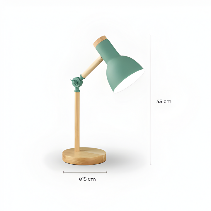 Skrivbordslampa: Justerbar LED, macaronfärgad, träfot. Modern och funktionell belysning.