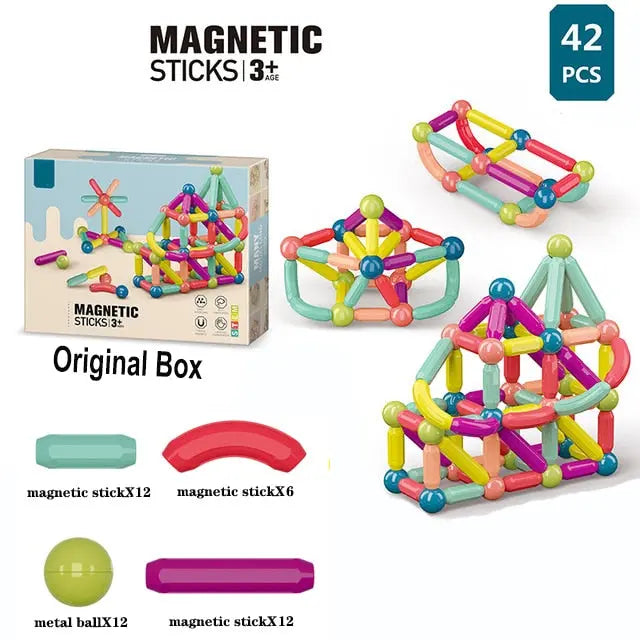 En samling magnetiska byggblock i olika färger och geometriska former. Perfekt byggset för utveckling och lek.