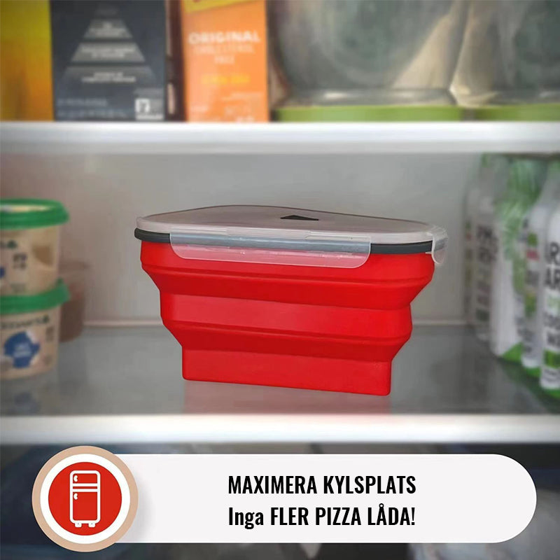"Fällbar lufttät pizzabehållare i silikon, blå, sparar plats i kylen, fräsch förvaring av pizza, BPA-fritt material."
