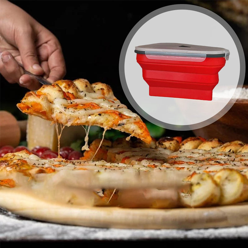 "Fällbar lufttät pizzabehållare i silikon, blå, sparar plats i kylen, fräsch förvaring av pizza, BPA-fritt material."