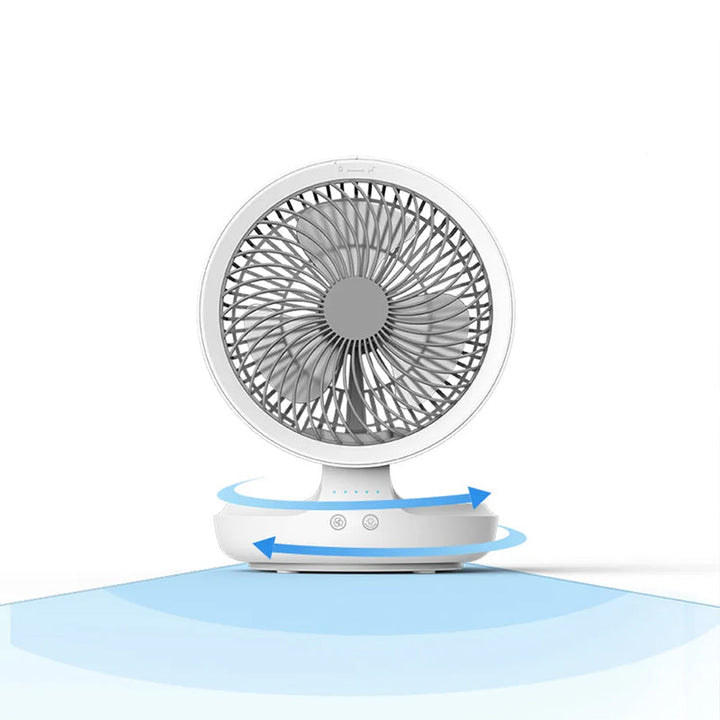 "Fällbar skrivbordsfläkt med nattljusfunktion, grå eller vit, modern design för arbets- eller sovrum."