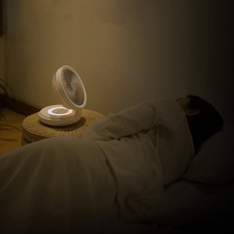 "Fällbar skrivbordsfläkt med nattljusfunktion, grå eller vit, modern design för arbets- eller sovrum."