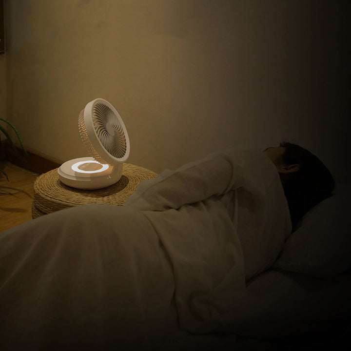 "Fällbar skrivbordsfläkt med nattljusfunktion, grå eller vit, modern design för arbets- eller sovrum."