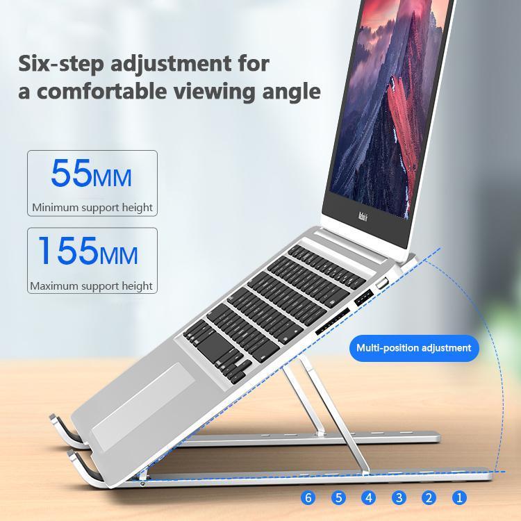"Fällbart laptop-stativ av stilrent aluminium med justerbara höjder, lätt design och silikonhalkskydd för ergonomic användnin