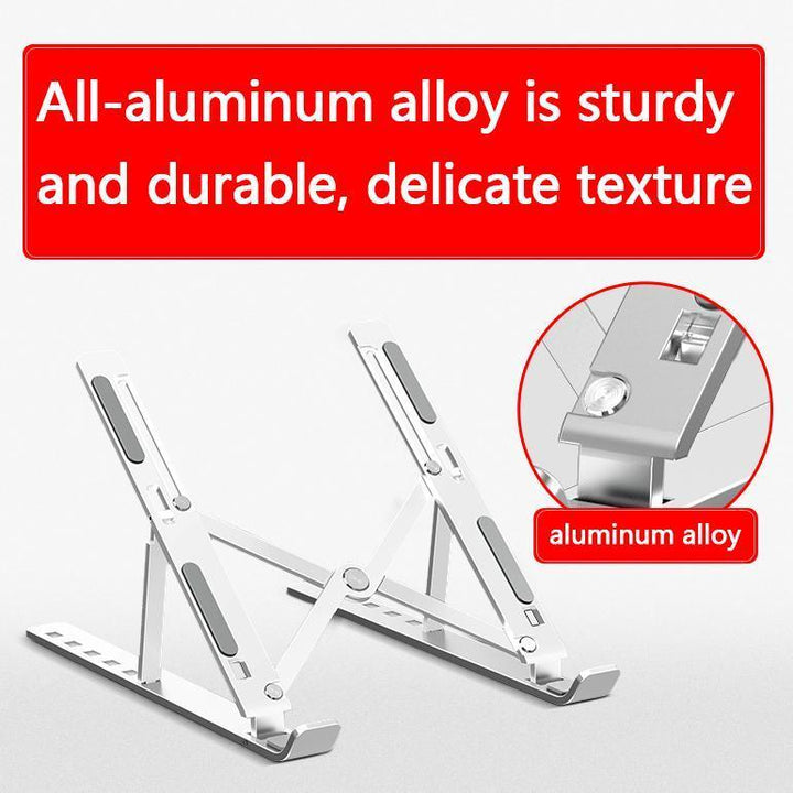 "Fällbart laptop-stativ av stilrent aluminium med justerbara höjder, lätt design och silikonhalkskydd för ergonomic användnin