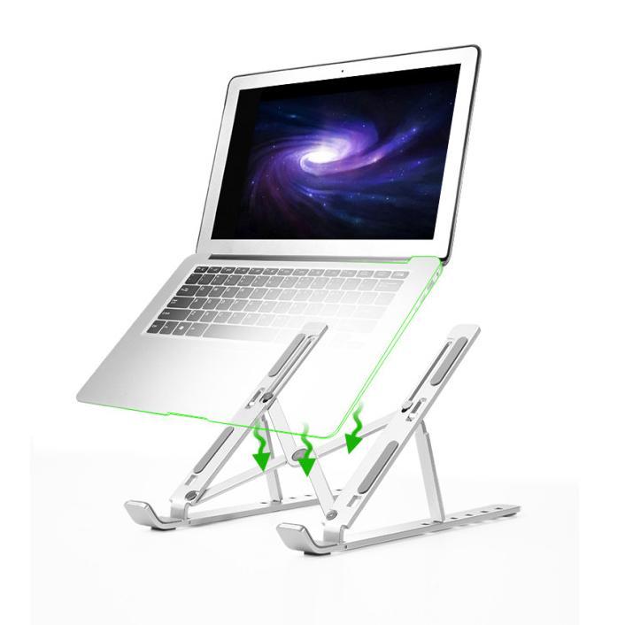 "Fällbart laptop-stativ av stilrent aluminium med justerbara höjder, lätt design och silikonhalkskydd för ergonomic användnin