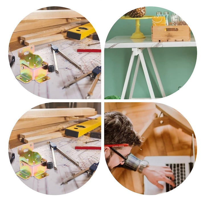 "Fällbart låsgångjärn för DIY-projekt, guldfärgad metall med antik finish, idealisk för hyllor och hopfällbara bord."