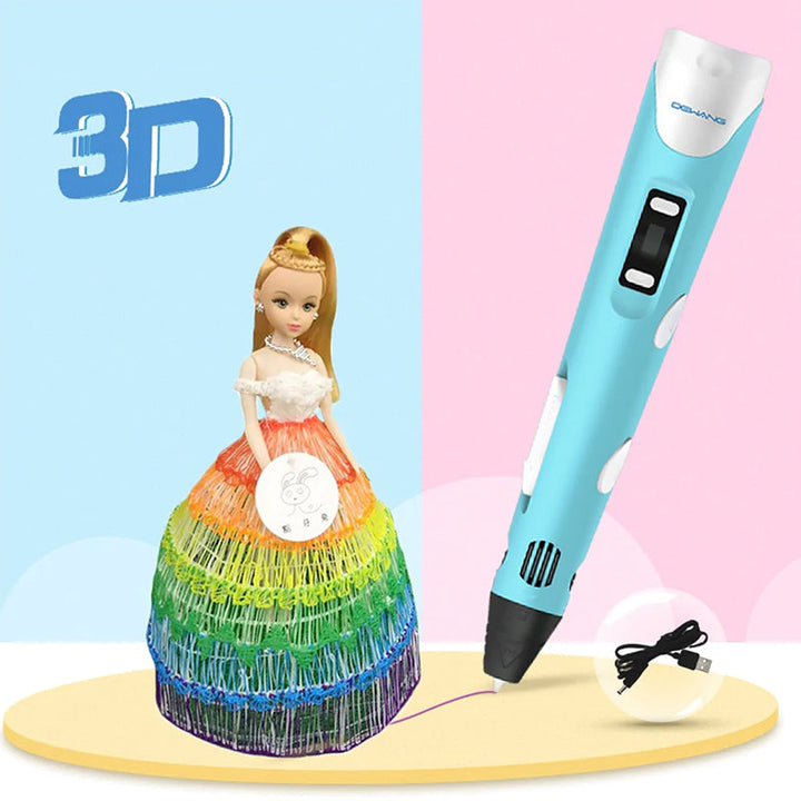 "Färgglad 3D-utskriftspenna mot vit bakgrund, lätt och portabel för kreativa projekt hos barn och vuxna."