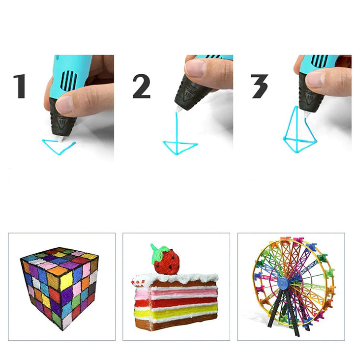 "Färgglad 3D-utskriftspenna mot vit bakgrund, lätt och portabel för kreativa projekt hos barn och vuxna."