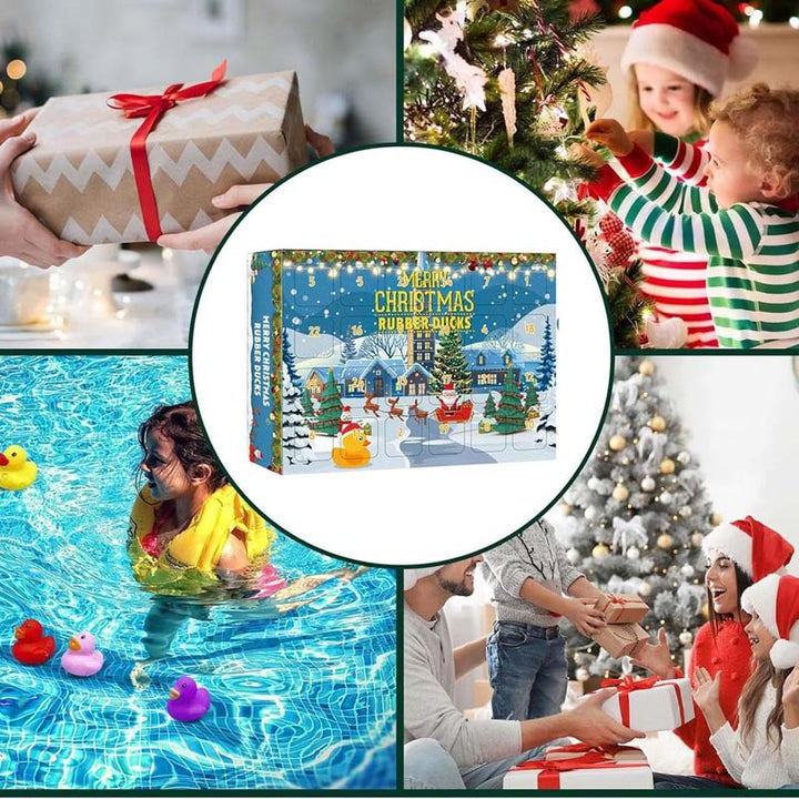 "Färgglad adventskalender med 24 jultema gummiankor för barn, perfekt för julnedräkning och dagliga överraskningar."