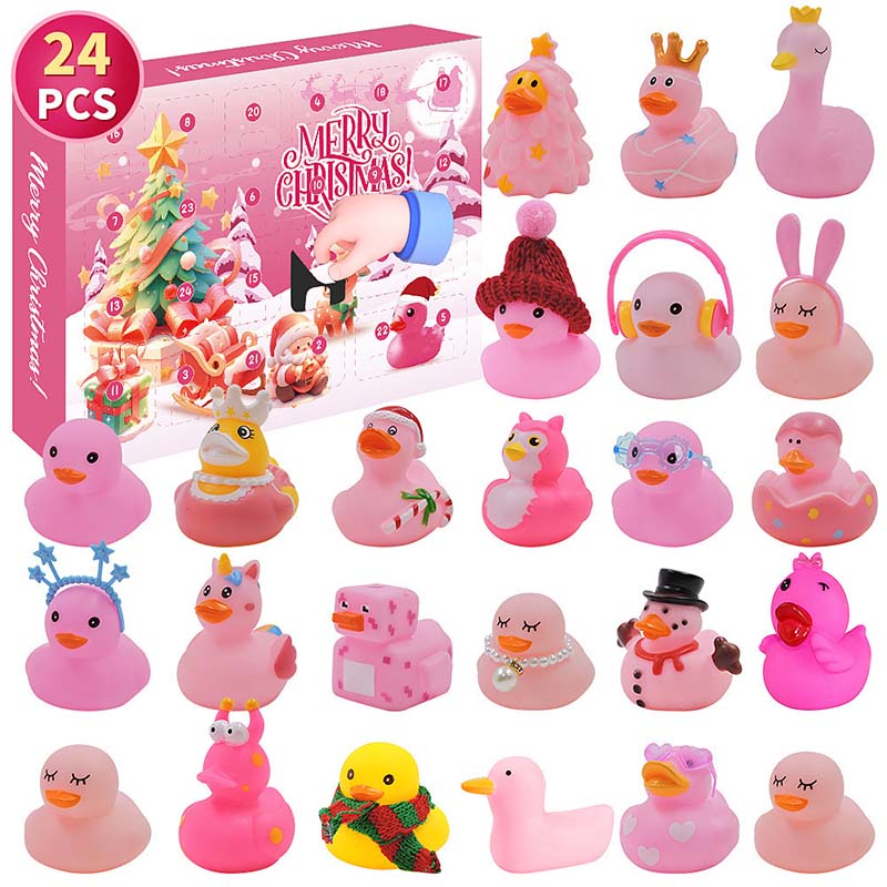 "Färgglad adventskalender med 24 jultema gummiankor för barn, perfekt för julnedräkning och dagliga överraskningar."