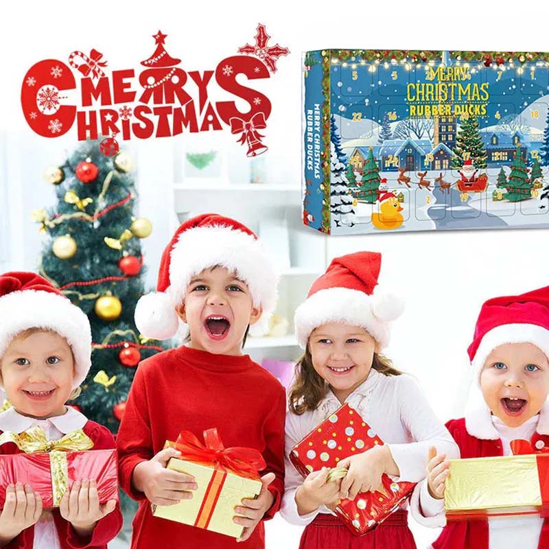 "Färgglad adventskalender med 24 jultema gummiankor för barn, perfekt för julnedräkning och dagliga överraskningar."