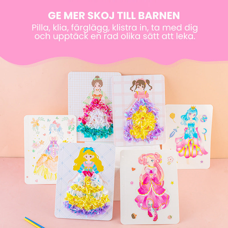 "Färgglad aktivitetsbok för flickor med klädesign och klistermärken, stimulerar kreativitet och färdighetsutveckling."