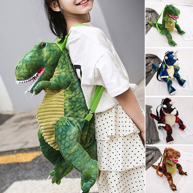 "Färgglad barnryggsäck formad som en dinosaurie, justerbar och vattentät med vadderad ryggpanel och meshtyg."