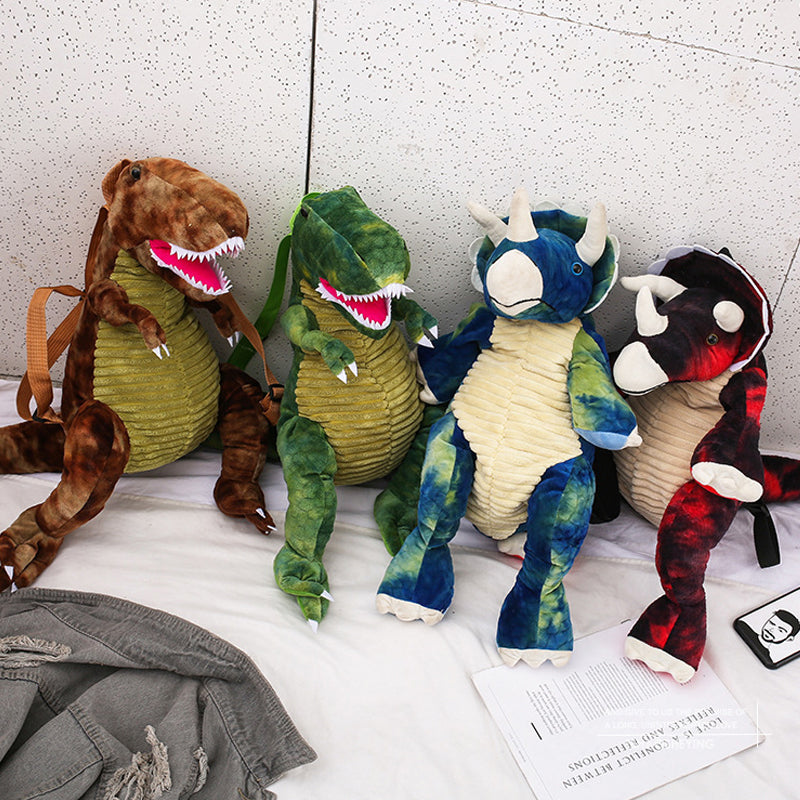 "Färgglad barnryggsäck formad som en dinosaurie, justerbar och vattentät med vadderad ryggpanel och meshtyg."