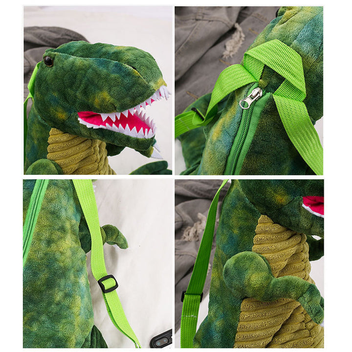 "Färgglad barnryggsäck formad som en dinosaurie, justerbar och vattentät med vadderad ryggpanel och meshtyg."