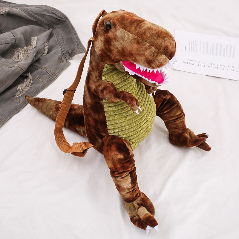 "Färgglad barnryggsäck formad som en dinosaurie, justerbar och vattentät med vadderad ryggpanel och meshtyg."