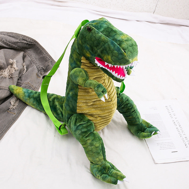 "Färgglad barnryggsäck formad som en dinosaurie, justerbar och vattentät med vadderad ryggpanel och meshtyg."