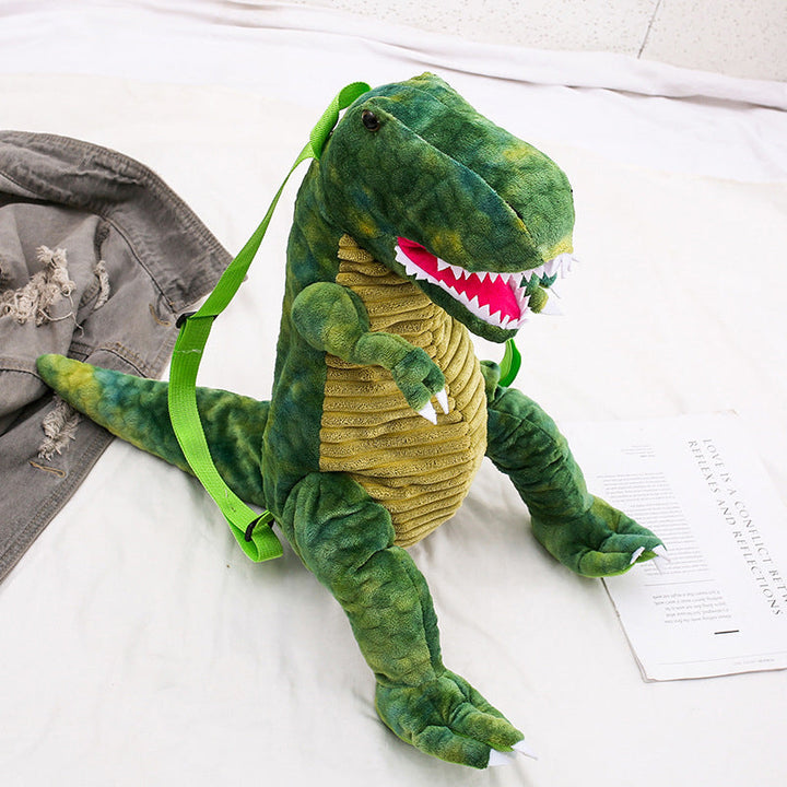 "Färgglad barnryggsäck formad som en dinosaurie, justerbar och vattentät med vadderad ryggpanel och meshtyg."