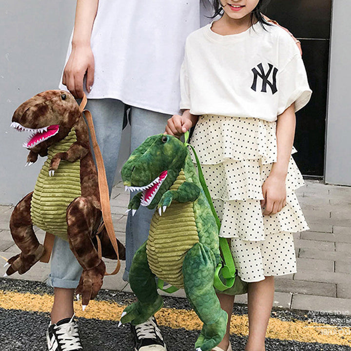 "Färgglad barnryggsäck formad som en dinosaurie, justerbar och vattentät med vadderad ryggpanel och meshtyg."