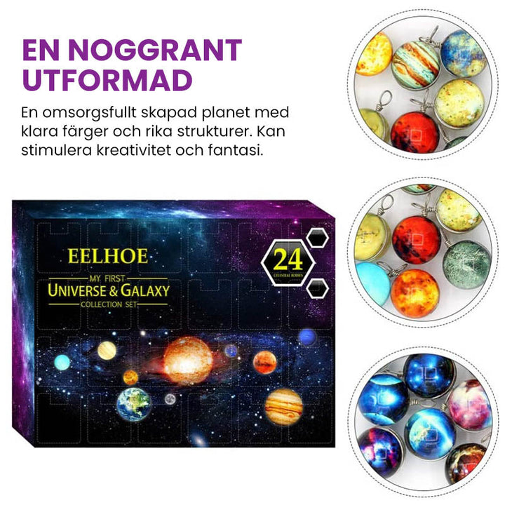 "Färgglad blindbox med planetdesign för barn, nedräkning till 24 dagar. Perfekt present för dagliga överraskningar."