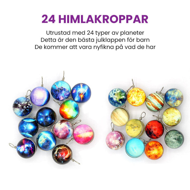 "Färgglad blindbox med planetdesign för barn, nedräkning till 24 dagar. Perfekt present för dagliga överraskningar."