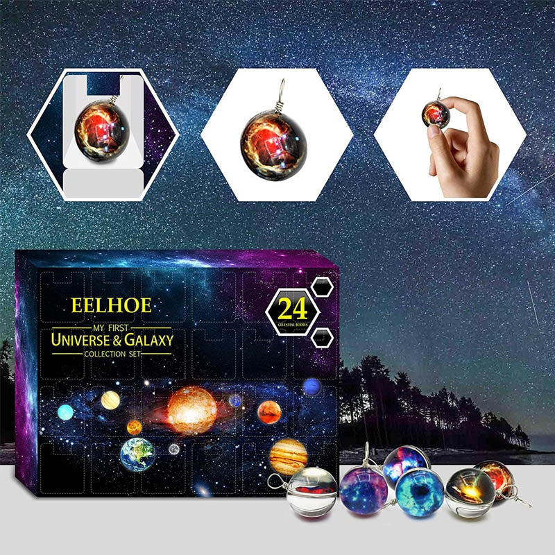 "Färgglad blindbox med planetdesign för barn, nedräkning till 24 dagar. Perfekt present för dagliga överraskningar."