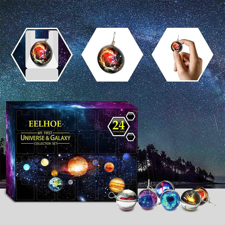 "Färgglad blindbox med planetdesign för barn, nedräkning till 24 dagar. Perfekt present för dagliga överraskningar."