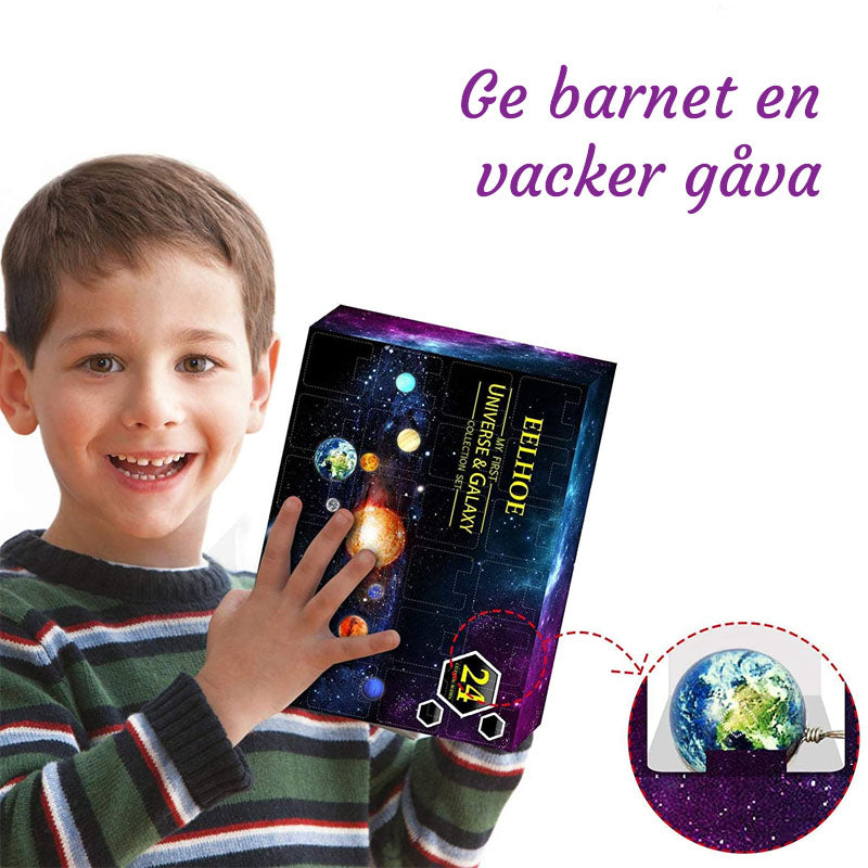 "Färgglad blindbox med planetdesign för barn, nedräkning till 24 dagar. Perfekt present för dagliga överraskningar."
