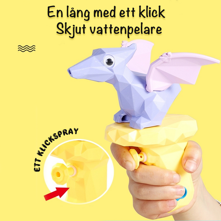 "Färgglad dinosaurieformad vattenpistol för barn, perfekt för sommarlekar. Enkel användning och säker för små händer."