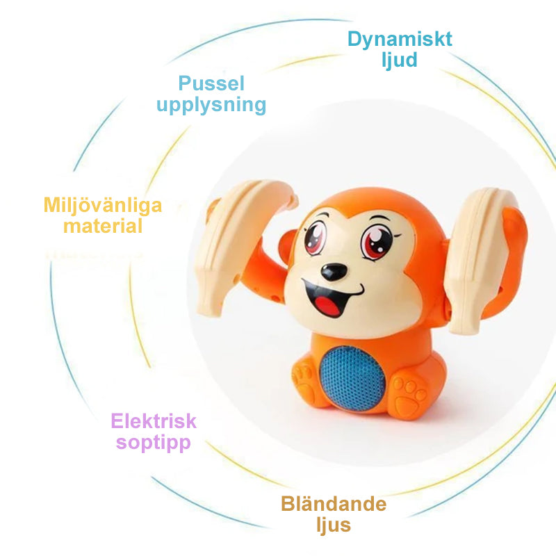 "Färgglad elektrisk tumlande apa leksak för barn som spelar musik och lyser upp, säker och lätt för små händer."