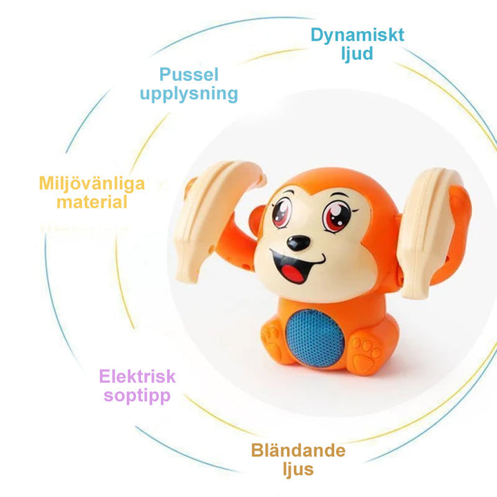 "Färgglad elektrisk tumlande apa leksak för barn som spelar musik och lyser upp, säker och lätt för små händer."